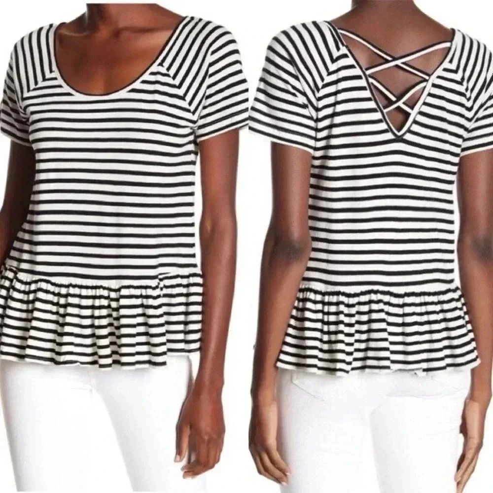 Lucky Brand Stripe Criss-Cross Back Peplum Top Small NWT